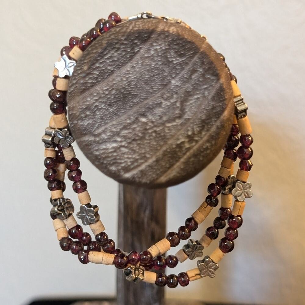 925 Sterling Silver Three Strand Garnet Sterling Floral & Wood Bead Bracelet